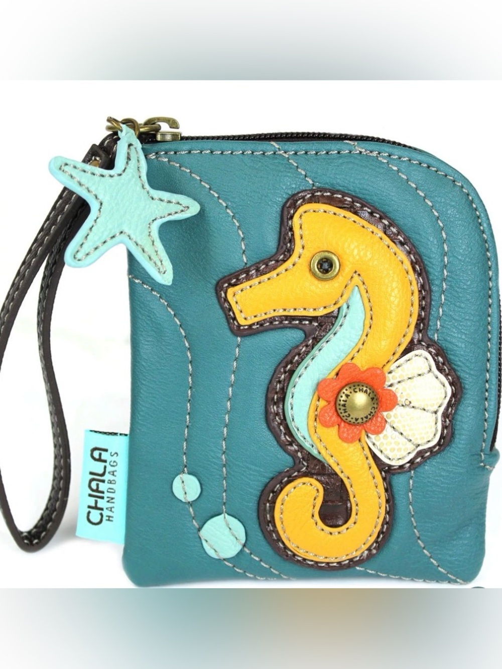 Chala Teal Wristlet with Yellow Seahorse Applique